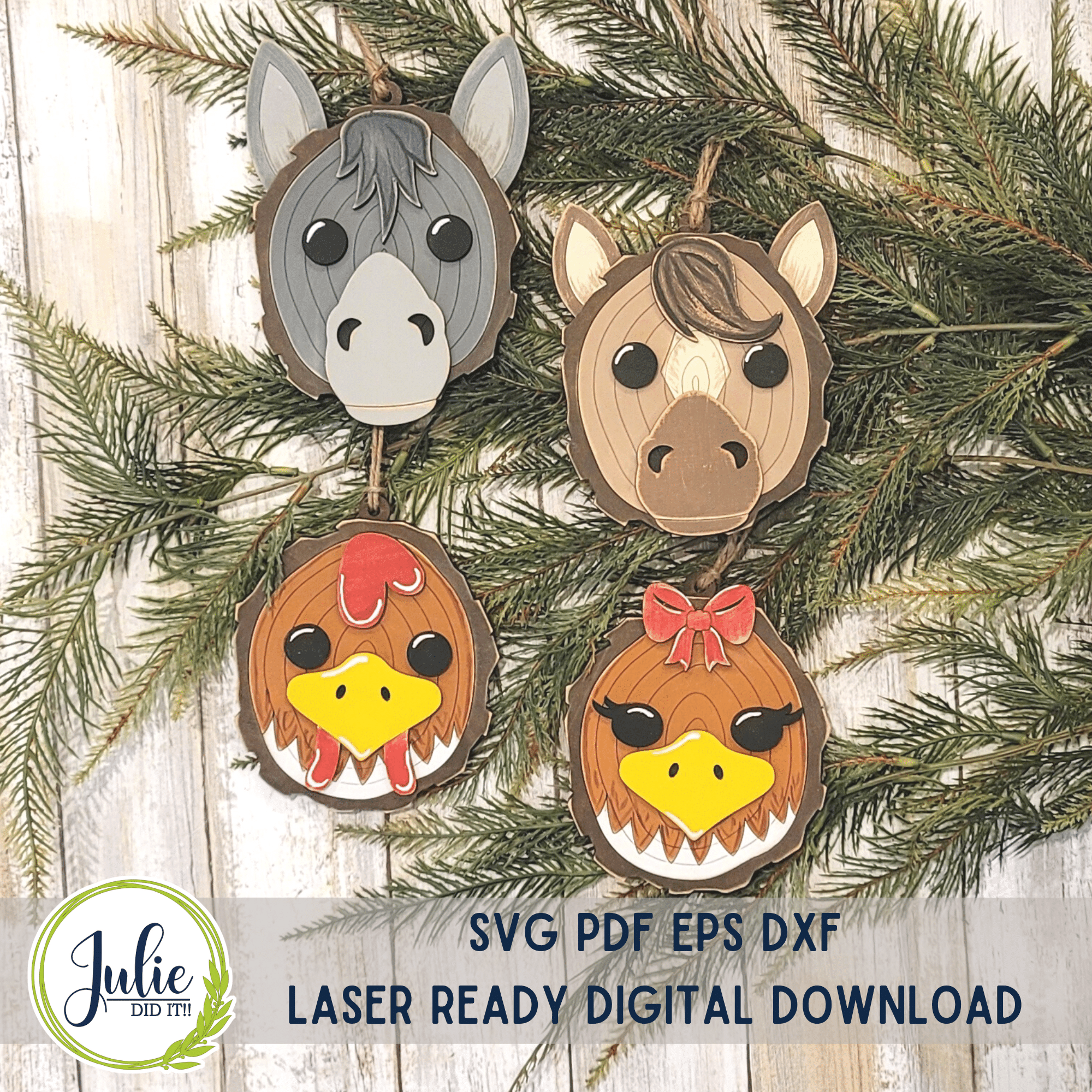 Wood Slice Ornaments 9 (Mule, Horse, Rooster, Hen)